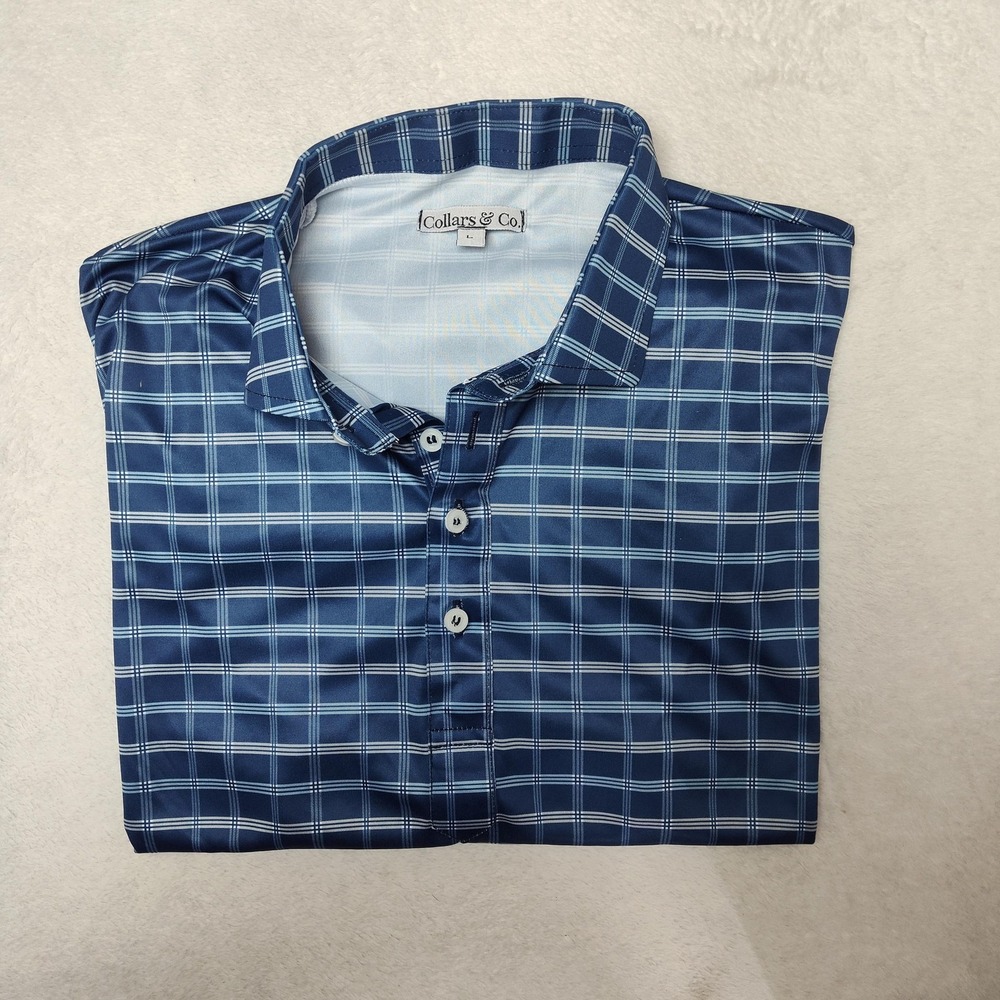 Collars & Co. Polo Shirt Mens L Blue Plaid Dress Collar Short Sleeve Golf Work